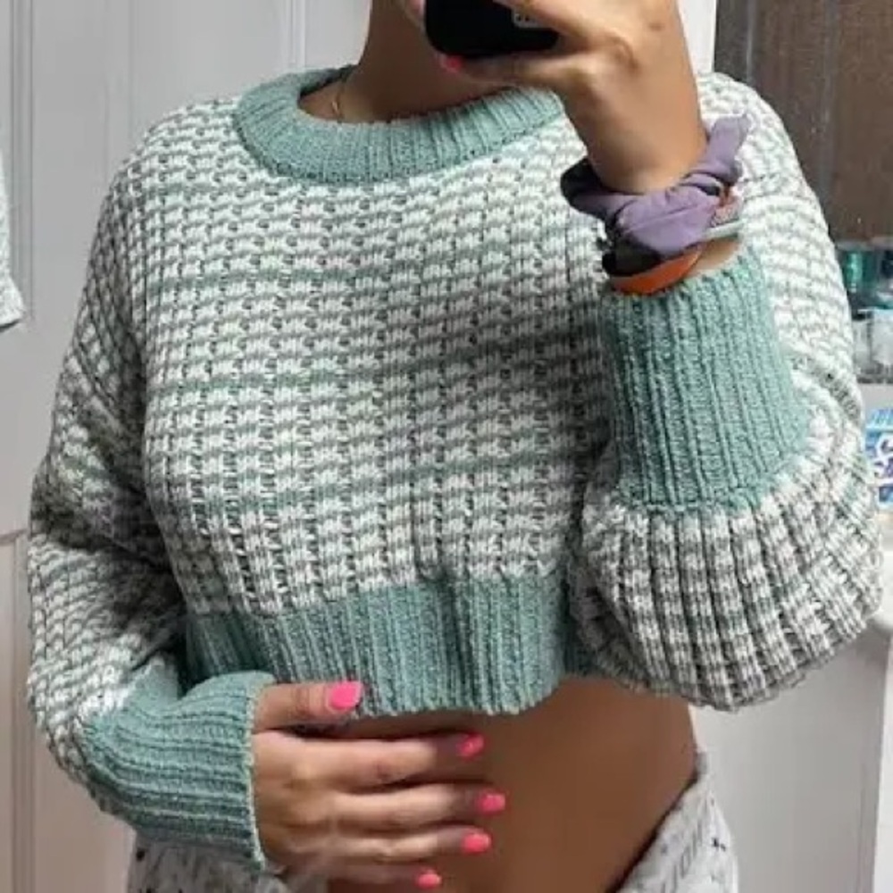 Altar'd State Sage Green & Cream Checkered Sweater, Size S